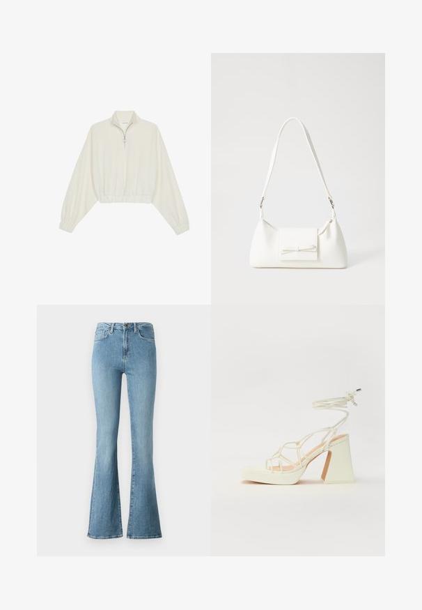 Sudadera cropped en tejido crema, con cuello alto, cierre de media cremallera, dobladillo y puños elásticos, con una textura suave y un diseño minimalista.; Vaqueros de mezclilla azul claro con cintura alta y perneras acampanadas, que cuentan con bolsillos frontales y cierre de botón.; Sandalia de tacón alto blanca con un tacón grueso, que presenta un diseño de tiras y un lazo en el tobillo. Textura suave con una plataforma en la parte delantera para mayor altura.; Bolso sintético blanco con forma triangular, tapa frontal plana y detalle de lazo, correa ajustable, textura suave y diseño minimalista.