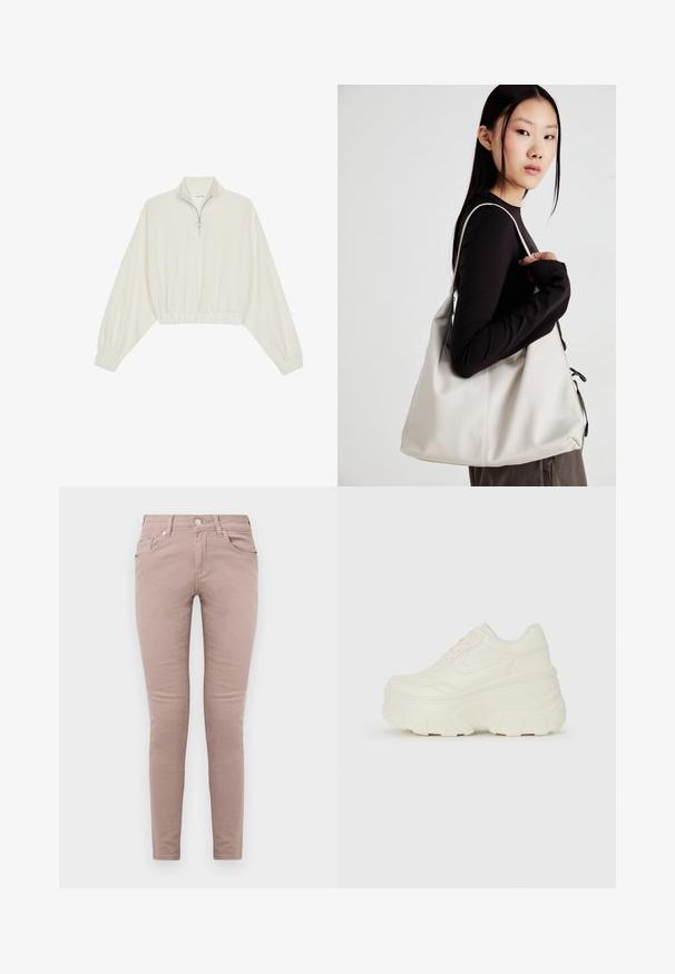 Gerippter Pullover aus cremefarbener Baumwolle mit hohem Kragen, halbem Reißverschluss, elastischen Säumen und Bündchen, glatter Textur und minimalistischem Design.; Schmale Jeans aus leichtem pinkfarbenem Baumwollstoff. Verfügt über fünf Taschen, einen Vorderknopfverschluss und eine glatte Textur ohne sichtbare Muster.; Weiße Platform Sneakers mit einem glatten, lederähnlichen Obermaterial, abgerundeter Form, gepolstertem Kragen und strukturierten Gummisohlen mit ausgeprägten Stollen.; Beige Handtasche aus weichem Material, mit einem lässigen Design, gesteppten Details und zwei Schulterriemen. Geeignet für den täglichen Gebrauch.