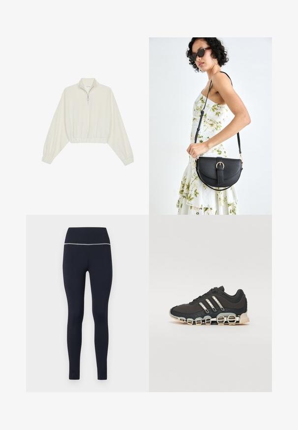 Kreminės spalvos trumpas megztinis, turintis aukštą apykaklę, pusiau užtrauktuką, elastinį apačią irRankovių kraštus, su lygiu paviršiumi ir minimalizuotu dizainu.; Jūrų pajėgų prigludusios legging kelnės, pagamintos iš tamprios medžiagos, su plačiu juosmeniu ir atspindinčia juosta viršuje, užtikrinančia matomumą.; Juodos sportinės avalynės su tekstūruotu viršumi, trimis sidabro juostomis ir išskirtiniu amortizuojančiu padu, turinčiu kelias integruotas dalis.; Juodas odinis krepšys su išlenkta forma, nuimamu dirželiu ir auksiniais detalėmis. Krepšys turi kilpą su sagtimi.