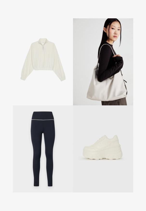 Pullover curto em tecido creme, apresentando um colarinho alto, fecho de meio zíper, bainha e punhos elásticos, com uma textura suave e design minimalista.; Leggings ajustados em azul-marinho feitos de tecido elástico, com uma cintura larga e um acabamento refletor ao longo da parte superior para maior visibilidade.; Tênis brancos de plataforma com um cabedal suave semelhante a couro, formato arredondado, colarinho acolchoado e sola de borracha texturizada com ranhuras bem definidas.; Uma bolsa bege feita de material macio, com um design descontraído, detalhes de costura e duas alças para o ombro. Adequada para uso diário.
