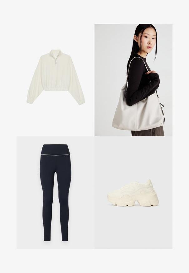 Kort genser i kremfarget stoff, med høy krage, halv glidelås, elastisk nederste kant og mansjetter, med en glatt tekstur og minimalistisk design.; Marinen passende tights laget av elastisk stoff, med en bred linning med reflekterende kant langs toppen for synlighet.; Chunky hvite sneakers laget av teksturert mesh og syntetiske materialer, med en tykk såle og intrikate mønsterdetaljer langs sidene.; Beige håndveske laget av mykt materiale, med en slapp design, sydd detaljer og to skulderstropper. Passer for daglig bruk.
