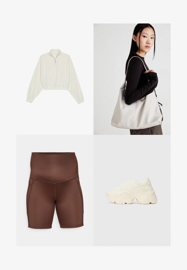 Lyhyt kerrosvaate vaaleasta kankaasta, jossa on korkea kaulus, puolivetoketjukiinnitys, joustavat helma ja hihansuut, tasainen pinta ja minimalistinen muotoilu.; Ruskeat korkeavyötäröiset shortsit, jotka on valmistettu sileästä, joustavasta kankaasta. Niissä on sivusaumat ja istuva malli, joka sopii urheiluun.; Paksut valkoiset lenkkarit, jotka on valmistettu teksturoidusta verkosta ja synteettisistä materiaaleista. Kenkäparissa on paksu pohja ja monimutkaisat kuviohuokoset sivuilla.; Beige laukku, joka on valmistettu pehmeästä materiaalista, ja siinä on rento muotoilu, ommeltu yksityiskohtia ja kaksi olkahihnaa. Sopii päivittäiseen käyttöön.