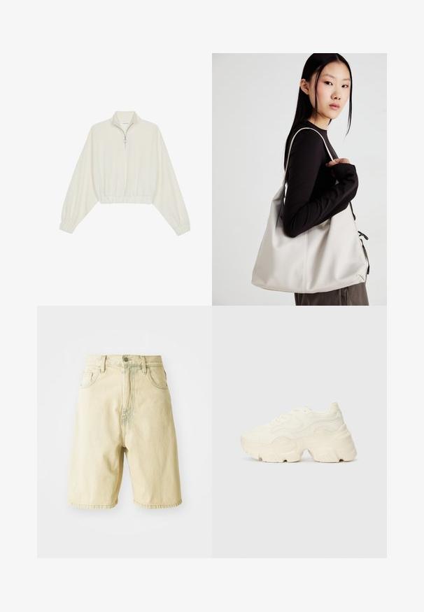 Sudadera cropped en tejido crema, con cuello alto, cierre de media cremallera, dobladillo y puños elásticos, con una textura suave y un diseño minimalista.; Pantalones cortos de mezclilla amarillos claros con cintura alta, que presentan lazos para cinturón, cierre frontal con botón y bolsillos laterales. Textura suave y corte recto.; Zapatillas blancas gruesas hechas de malla texturizada y materiales sintéticos, con una suela gruesa y detalles de patrones intrincados a lo largo de los lados.; Bolso de mano beige hecho de material suave, con un diseño holgado, detalles cosidos y dos asas. Adecuado para uso diario.