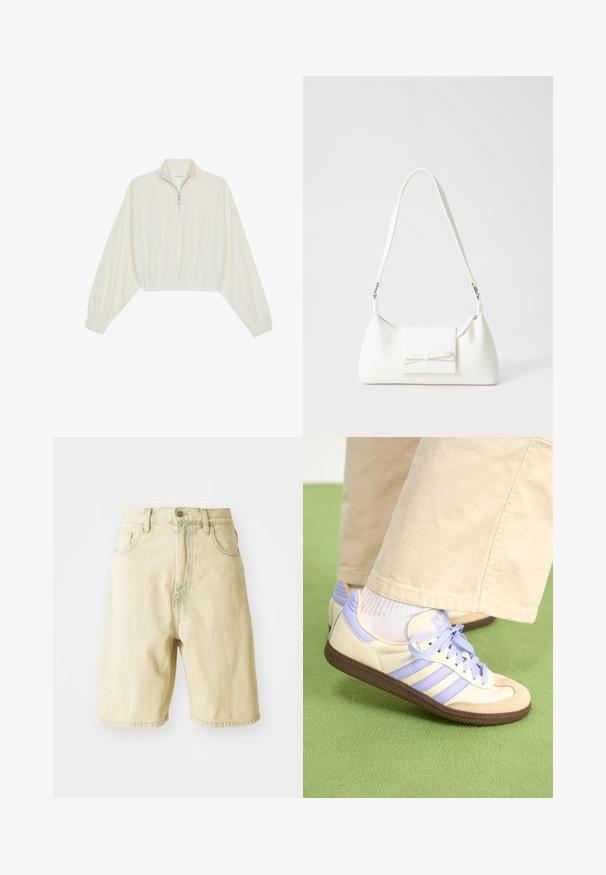 Cropped pullover in cream fabric, featuring a high collar, half-zip closure, elasticated hem and cuffs, with a smooth texture and minimal design.; Light yellow denim shorts with a high waist, featuring belt loops, a front button closure, and side pockets. Smooth texture and straight cut.; Cream and lavender sneakers with three stripes and a textured brown sole, featuring laces and a padded heel. Soft fabric upper.; White synthetic handbag with a triangular shape, flat front flap and bow detail, adjustable strap, smooth texture, and minimalistic design.