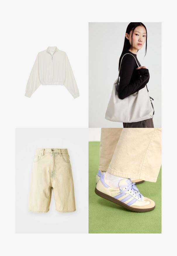 Kort genser i kremfarget stoff, med høy krage, halv glidelås, elastisk nederste kant og mansjetter, med en glatt tekstur og minimalistisk design.; Lysegule denimshorts med høy midje, med beltehemper, frontknapplukking og sidelommer. Glatt tekstur og rett snitt.; Kremfargede og lavendelfargede joggesko med tre striper og en teksturert brun såle, med lisser og en polstret hæl. Mykt stofføvre.; Beige håndveske laget av mykt materiale, med en slapp design, sydd detaljer og to skulderstropper. Passer for daglig bruk.