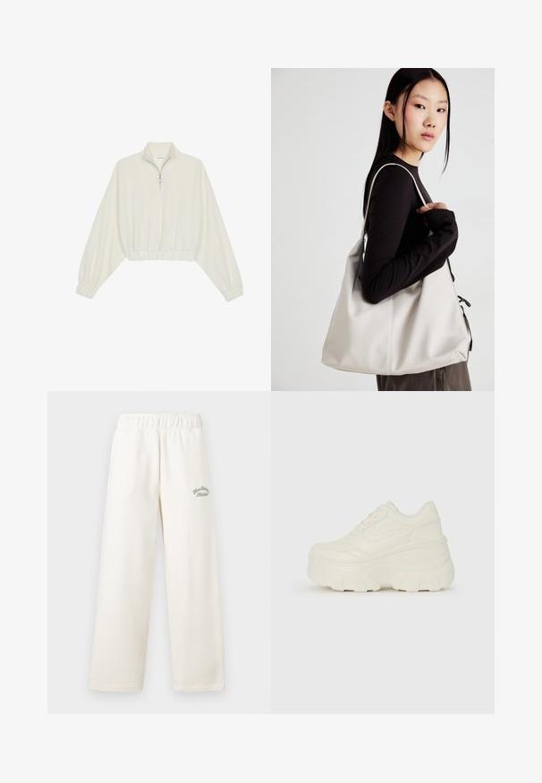 Kort striktrøje i cremefarvet stof med høj krave, halvlynlås, elastisk kant og manchetter, glat tekstur og minimalistisk design.; Cremefarvede vide bukser lavet af blødt materiale med elastisk talje. Har diskret grøn broderet tekst foran.; Hvide platform sneakers med en glat læderlignende overdel, rund form, polstret krave og struktureret gummisål med definerede riller.; Beige håndtaske lavet af blødt materiale med et slouchy design, stikninger og to skulderremme. Velegnet til daglig brug.