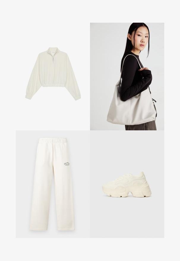 Sudadera cropped en tejido crema, con cuello alto, cierre de media cremallera, dobladillo y puños elásticos, con una textura suave y un diseño minimalista.; Pantalones anchos de color crema, hechos de material suave y con una cinturilla elástica. Presentan un sutil texto bordado en verde en la parte frontal.; Zapatillas blancas gruesas hechas de malla texturizada y materiales sintéticos, con una suela gruesa y detalles de patrones intrincados a lo largo de los lados.; Bolso de mano beige hecho de material suave, con un diseño holgado, detalles cosidos y dos asas. Adecuado para uso diario.