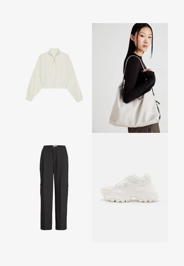 Kreptais pusītes džemperis krēmkrāsā, ar augstu apkakli, puszipa aizdari, elastīgu apakšmalu un aprocēm, ar gludu tekstūru un minimālistisku dizainu.; JJXX JXMARY MW NOOS - Armijas stila bikses - black; Baltas masīvkājas sporta apavi ar strukturētu virsu, sieta paneļiem un biezu gumijas zoli ar izteiktu protektora rakstu. Iekļautas auklas un cilpa uzvilkšanai.; Bežs rokassoma, izgatavota no mīksta materiāla, ar brīvu dizainu, izšūtu apdari un divām plecu siksnām. Piemērota ikdienas lietošanai.