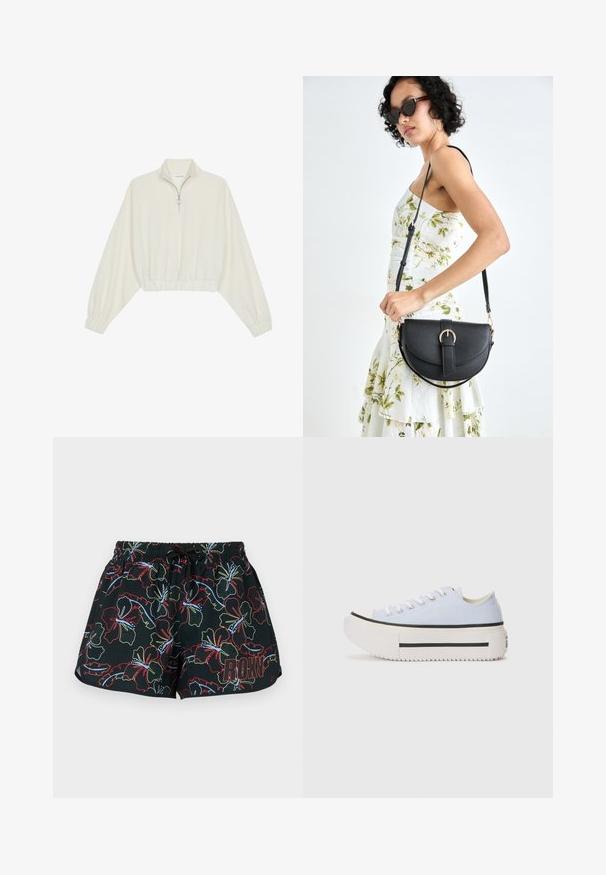 Pulover scurt din stofă crem, cu guler înalt, închidere cu fermoar pe jumătate, elastic la margini și la manșete, cu o textură netedă și un design minimalist.; Pantaloni scurți de baie negri, cu un model floral colorat în roșu, verde și albastru. Talie elastică cu șnur; logo-ul „ROXY” pe lateral.; Sneaker din pânză albastră deschis cu un toc alb gros, accente negre, vârf rotund și șase orificii pentru șireturi. Solea texturată pentru aderență.; Geantă din piele neagră, cu o formă curbată, curea detașabilă și accesorii aurii. Geanta are un capac cu un detaliu tip cataramă.