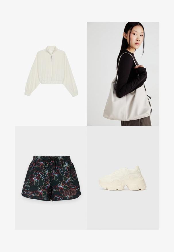 Zkrátený pulover z krémového materiálu, s vysokým golierom, polovičným zipsom, elastickým lemom a manžetami, s hladkou textúrou a minimalistickým dizajnom.; Čierne plážové šortky s farebným kvetinovým vzorom v červenej, zelenej a modrej farbe. Elastický pás s šnúrkou; logo "ROXY" na boku.; Masívne biele tenisky vyrobené z texturovanej sieťoviny a syntetických materiálov, s hrubou podošvou a zložitými vzorovými detailmi na bokoch.; Béžová kabelka vyrobená z mäkkého materiálu, s uvoľneným dizajnom, prišitými detailmi a dvoma popruhmi na nosenie na pleciach. Vhodná na každodenné nosenie.
