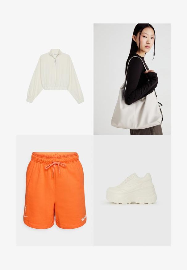 Kratka pulover v kremnem blagu, z visokim ovratnikom, pol-zadrgo, elastičnim robom in manšetami, z gladko teksturo in minimalističnim oblikovanjem.; Oranžni bombažni kratki hlače z elastičnim pasom in vrvico. Na levi nogi vsebujejo belo logotip. Gladka tekstura in sproščen dizajn.; Bele platformske tene z belim zgornjim delom, ki spominja na usnje, okroglo obliko, oblazinjen ovratnik ter gumo z teksturo na podplatu z izrazitimi profili.; Bežna torbica iz mehkega materiala, z ohlapno zasnovo, šivi in dvema naramnicama. Primerna za vsakodnevno uporabo.