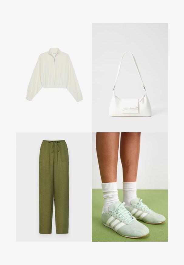 Avkortad tröja i krämfärgad tyg, med hög krage, halvdragkedja, elastisk nederkant och ärmar, med en slät yta och minimalistisk design.; Olivgröna, löst sittande byxor i textil, med elastisk midja och snörning, samt två sidfickor.; Mintgröna träningsskor med vita ränder, slät lädertextur, rund tå och gummisulor, i kombination med vita ribbade strumpor.; Vit syntetisk handväska med triangulär form, platt framklaff och rosettdetalj, justerbar rem, slät textur och minimalistisk design.