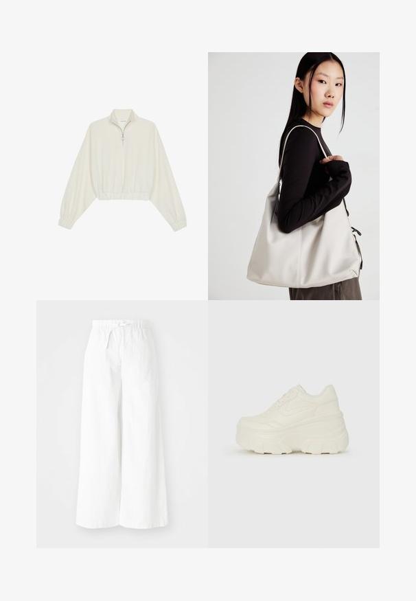 Pulover scurt din stofă crem, cu guler înalt, închidere cu fermoar pe jumătate, elastic la margini și la manșete, cu o textură netedă și un design minimalist.; Pantaloni albi cu picioare largi, cu talie elastică, având detaliu de cravată în față. Realizați dintr-un material ușor, potriviți pentru purtarea casual.; Adidași platformă albi, cu un superior neted asemănător cu pielea, formă rotunjită, guler căptușit și talpă din cauciuc texturată cu borduri bine definite.; Geantă bej din material moale, cu un design lejer, detalii cusute și două bretele pentru umăr. Potrivită pentru utilizarea zilnică.