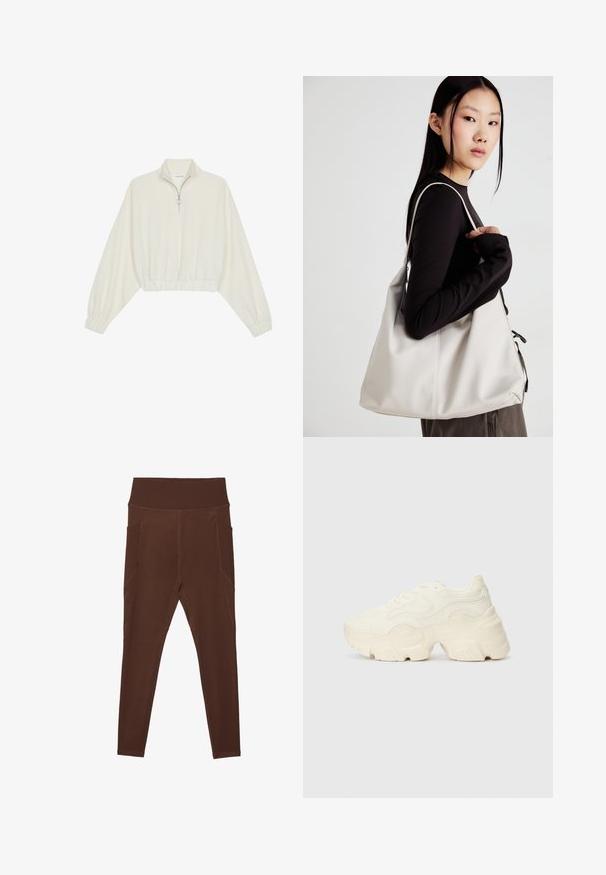 Pullover curto em tecido creme, apresentando um colarinho alto, fecho de meio zíper, bainha e punhos elásticos, com uma textura suave e design minimalista.; Leggings castanhos feitos de material elástico com uma cintura alta ribateada e bolsos laterais. Apresenta costuras flatlock para maior durabilidade.; Sapatilhas brancas chunky feitas de malha texturizada e materiais sintéticos, apresentando uma sola espessa e detalhes de padrão intrincados ao longo dos lados.; Uma bolsa bege feita de material macio, com um design descontraído, detalhes de costura e duas alças para o ombro. Adequada para uso diário.