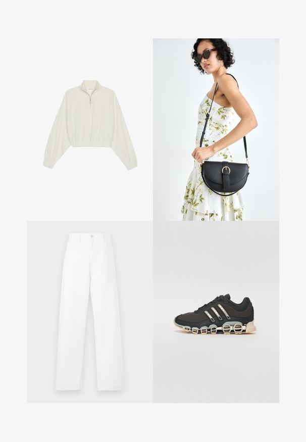 Kort genser i kremfarget stoff, med høy krage, halv glidelås, elastisk nederste kant og mansjetter, med en glatt tekstur og minimalistisk design.; Hvit denimbukse med høy midje, rett ben-design, synlige sømmer, fem-lommestil og metallknapp-lukking.; Svarte sportsko med en strukturert overflate, tre sølvstriper, og en distinkt støtdempende såle med flere integrerte seksjoner.; Svart lærveske med en buet form, avtagbar stropp og gullbeslag. Vesken har et klaff med spenne-detall.