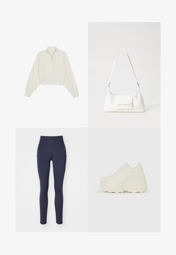 Pullover court en tissu crème, avec un col haut, fermeture éclair à mi-hauteur, ourlet et poignets élastiqués, offrant une texture lisse et un design minimaliste.; Nike Performance ONE 7/8 - Leggings - obsidian; Baskets plateformes blanches avec une tige en simili cuir lisse, une forme arrondie, un col rembourré et une semelle en caoutchouc texturé avec des crampons définis.; Sac à main synthétique blanc en forme triangulaire, avec un rabat avant plat et un détail en nœud, une bandoulière ajustable, une texture lisse et un design minimaliste.