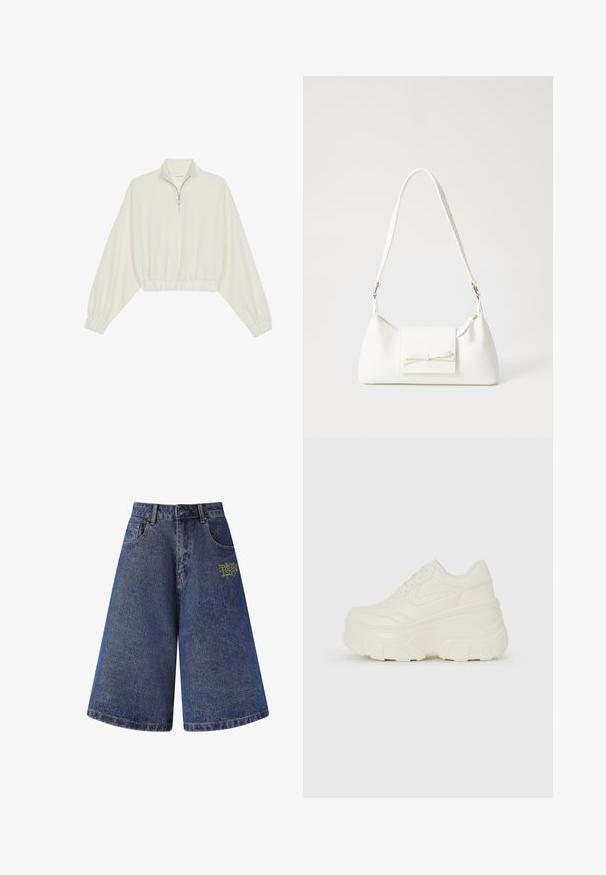 Zkrácený svetr z krémové látky, který má vysoký límec, poloviční zip, elastický spodní lem a manžety, hladkou texturu a minimalistický design.; Džíny kraťasy s širokým, volným střihem v tmavě modré barvě. Na přední straně se nachází žlutě vyšitá logo a mají pět kapes. Detaily s nedokončeným lemem.; Bílé platformové tenisky s hladkým svrškem podobným kůži, zaobleným tvarem, polstrovaným límcem a texturovanou gumovou podrážkou s vyznačenými vzory.; Bílá syntetická kabelka v trojúhelníkovém tvaru, s plochým předním klopným víkem a detailem mašle, nastavitelným popruhem, hladkým povrchem a minimalistickým designem.