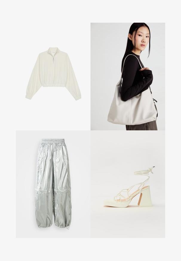 Pullover curto em tecido creme, apresentando um colarinho alto, fecho de meio zíper, bainha e punhos elásticos, com uma textura suave e design minimalista.; Calças cargo leves prateadas com um tom brilhante, faixa elástica na cintura, punhos franzidos e dois grandes bolsos frontais.; Sandálias brancas de salto alto com um salto robusto, apresentando um design com tiras e amarração no tornozelo. Textura suave com uma plataforma na frente para altura adicional.; Uma bolsa bege feita de material macio, com um design descontraído, detalhes de costura e duas alças para o ombro. Adequada para uso diário.