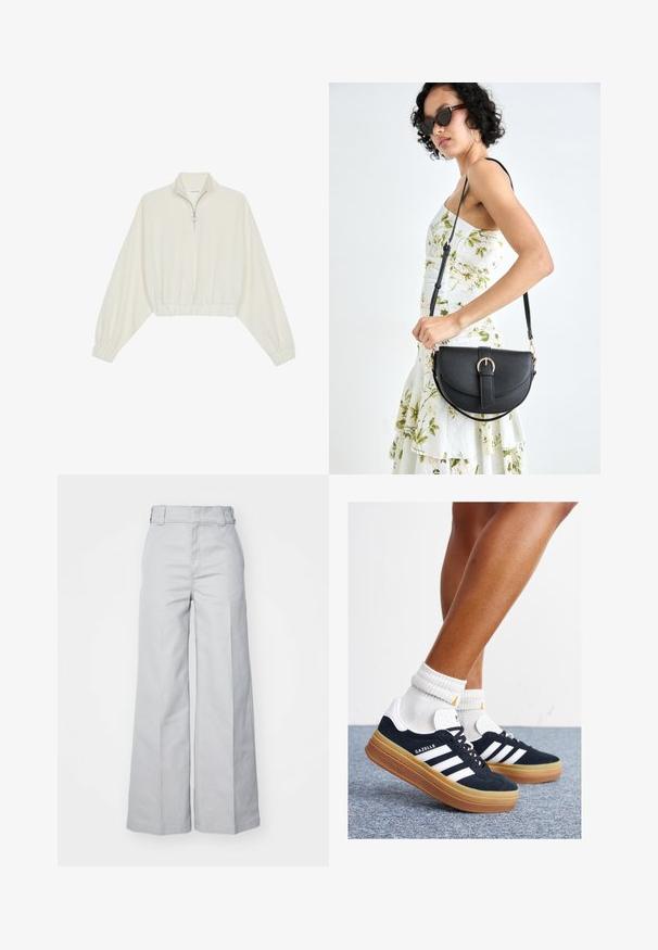 Krém színű, rövidített pulóver, magas gallérral, félig cipzáros záródással, elasztikus derék- és ujjakrésszel, sima textúrával és minimalista dizájnnal.; Világosszürke, bőszárú nadrág pamut keverékből, magas derékkal, struktúrált derékpánttal és látható varrásokkal.; Fekete velúr sportcipő fehér csíkokkal és díszítésekkel, lekerekített orral, gumitalpú külső résszel, fehér bordázott bokazoknival párosítva.; Fekete bőrtáska ívelt formával, levehető pánttal és arany színű fémrészekkel. A táskán egy csattal díszített fedél található.