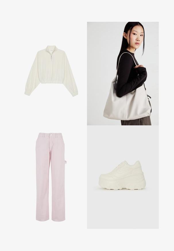Kreptais pusītes džemperis krēmkrāsā, ar augstu apkakli, puszipa aizdari, elastīgu apakšmalu un aprocēm, ar gludu tekstūru un minimālistisku dizainu.; Gaiši rozā kokvilnas bikses ar taisnu griezumu, ar pogu aizdari un sānu kabatu. Gluda tekstūra un minimālistisks dizains.; Baltie platformas sporta apavi, kas izgatavoti no gludas mākslīgās ādas, ar noapaļotu formu, mīkstu apkakli un teksturētu gumijas zoli ar izteiktiem rakstiem.; Bežs rokassoma, izgatavota no mīksta materiāla, ar brīvu dizainu, izšūtu apdari un divām plecu siksnām. Piemērota ikdienas lietošanai.