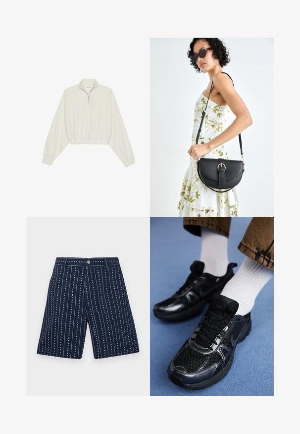 Skraćeni pulover od kremastog materijala, s visokim ovratnikom, zatvaranjem na polovicu munje, elastičnim rubom i manžetama, s glatkom teksturom i minimalnim dizajnom.; Morske kratke hlače s vertikalnim prugama i malim uzorcima srca, izrađene od tkanine meke teksture. Opremljene su prednjim dugmetom i patentnim zatvaračem.; Crne Nike sportske cipele imaju mrežasti gornji dio s sjajnim akcentima, crne vezice i teksturiranu potplat. Uparen s bijelim rebrastim čarapama.; Crna kožna torba s lukovitim oblikom, odvojivim remenom i zlatnim detaljima. Torba ima preklop s kopčom.