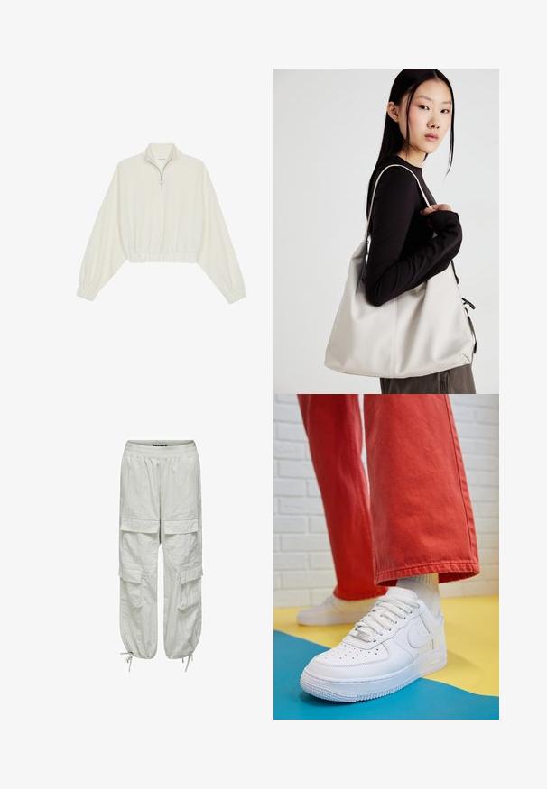 Kreminės spalvos trumpas megztinis, turintis aukštą apykaklę, pusiau užtrauktuką, elastinį apačią irRankovių kraštus, su lygiu paviršiumi ir minimalizuotu dizainu.; Balti cargo kelnės su laisvu pritaikymu, elastine juosta ir raišteliais. Yra keturi priekiniai kišenės ir tekstūruota medžiaga.; Baltos odinės kedų sportbačiai su perforuotu pirštu, tekstūruota pado dalimi ir baltais raišteliais, derinami su plačiomis raudonomis kelnėmis ir mėlynos bei geltonos spalvų fono kompozicija.; Bežinė rankinė, pagaminta iš minkštos medžiagos, turinti laisvą dizainą, siuvinėtas detalės ir dvi petnešos. Tinkama kasdieniam naudojimui.