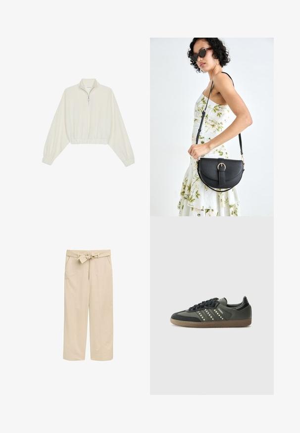 Skraćeni pulover od kremastog materijala, s visokim ovratnikom, zatvaranjem na polovicu munje, elastičnim rubom i manžetama, s glatkom teksturom i minimalnim dizajnom.; Bež široke hlače s teksturiranim remenom, s dvije bočne džepove i urednim rubom. Izrađene su od lagane tkanine za udobnost.; adidas Originals SAMBA OG - Tenisice - core black/legend earth/gum; Crna kožna torba s lukovitim oblikom, odvojivim remenom i zlatnim detaljima. Torba ima preklop s kopčom.