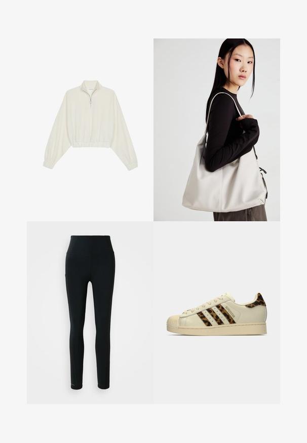 Pullover curto em tecido creme, apresentando um colarinho alto, fecho de meio zíper, bainha e punhos elásticos, com uma textura suave e design minimalista.; Leggings desportivos pretos de cintura alta, com bolso lateral e pernas compridas, sobre um fundo branco.; Sapatilha Adidas Superstar off-white com riscas de padrão leopardo e tab de calcanhar, biqueira de borracha bege e texto "SUPERSTAR" na lateral.; Uma bolsa bege feita de material macio, com um design descontraído, detalhes de costura e duas alças para o ombro. Adequada para uso diário.