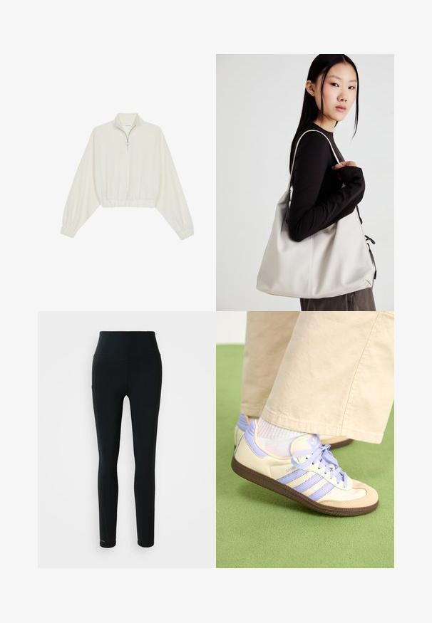 Pullover accorciato in tessuto crema, con colletto alto, chiusura a zip parziale, orlo e polsini elasticizzati, dalla texture liscia e design minimal.; Leggings sportive neri a vita alta con tasca laterale e lunghezza completa su uno sfondo bianco.; Sneakers crema e lavanda con tre strisce e suola marrone texturizzata, dotati di lacci e tallone imbottito. Parte superiore in tessuto morbido.; Borsa a mano beige realizzata in materiale morbido, caratterizzata da un design morbido, dettagli cuciti e due manici. Adatta per l'uso quotidiano.