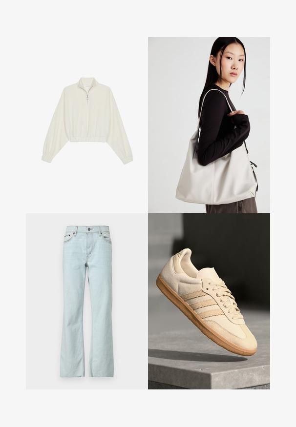 Lyhyt kerrosvaate vaaleasta kankaasta, jossa on korkea kaulus, puolivetoketjukiinnitys, joustavat helma ja hihansuut, tasainen pinta ja minimalistinen muotoilu.; Vaaleansiniset farkut, joissa on levenevä leikkaus, nappisulku, viisi taskua ja hieno haalistuminen kankaassa. Siistit, minimalistiset ompeleet korostavat ulkonäköä.; Vaalea beige mokkanahkakenkä, jossa on kumipohja, kolme vinoraitaa ja struktuuroitu varvaskappale. Varustettu logolla kielellä ja sivussa.; Beige laukku, joka on valmistettu pehmeästä materiaalista, ja siinä on rento muotoilu, ommeltu yksityiskohtia ja kaksi olkahihnaa. Sopii päivittäiseen käyttöön.