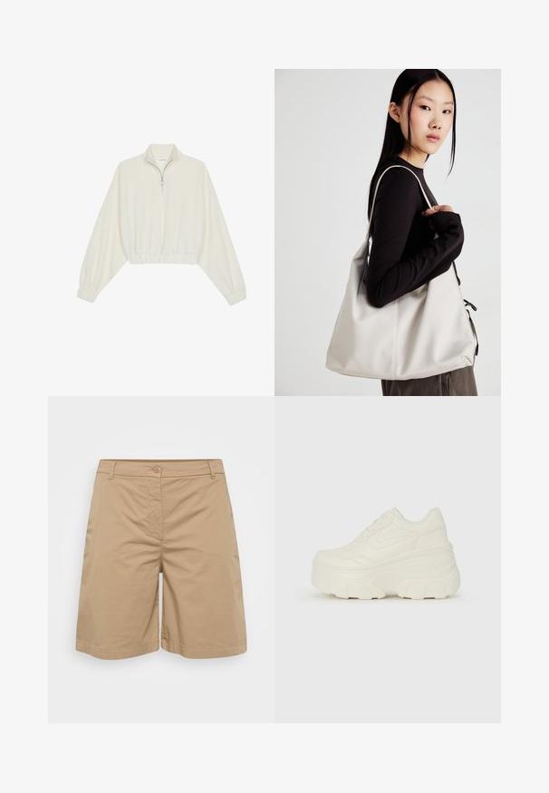 Cropped pullover in cream fabric, featuring a high collar, half-zip closure, elasticated hem and cuffs, with a smooth texture and minimal design.; Khaki shorts made from soft cotton blend fabric, featuring a straight leg design, button closure, and front pockets.; White platform sneakers featuring a smooth leather-like upper, rounded shape, padded collar, and textured rubber sole with defined treads.; Beige handbag made of soft material, featuring a slouchy design, stitched detailing, and two shoulder straps. Suitable for everyday use.