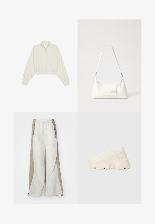 Geknipt pullover in crèmekleurige stof, met een hoge kraag, halve rits, elastische zoom en manchetten, met een soepele textuur en minimalistisch ontwerp.; Witte en tan lichtgewicht broeken met een gestructureerde afwerking, voorzien van een elastische tailleband, zijzakken en een klein zwart logo.; Chunky witte sneakers gemaakt van geperforeerd mesh en synthetische materialen, met een dikke zool en ingewikkelde patroon details aan de zijkanten.; Witte synthetische handtas met een driehoekige vorm, platte voorklep en strikdetail, verstelbare schouderriem, gladde textuur en minimalistisch ontwerp.