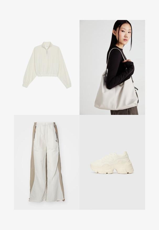 Cropped pullover in cream fabric, featuring a high collar, half-zip closure, elasticated hem and cuffs, with a smooth texture and minimal design.; White and tan lightweight pants with a textured finish, featuring an elastic waistband, side pockets, and a small black logo.; Chunky white sneakers made of textured mesh and synthetic materials, featuring a thick sole and intricate pattern details along the sides.; Beige handbag made of soft material, featuring a slouchy design, stitched detailing, and two shoulder straps. Suitable for everyday use.