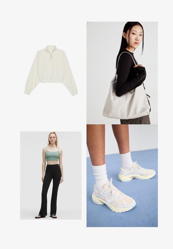 Kratka pulover v kremnem blagu, z visokim ovratnikom, pol-zadrgo, elastičnim robom in manšetami, z gladko teksturo in minimalističnim oblikovanjem.; Zeleni rebrasti kratki top z tanjšimi naramnicami, v kombinaciji z visokotlačnimi črnimi širokimi leginami in črnimi natikači na nevtralni podlagi.; Sodobni atletski čevlji v svetlo rumeni in beli barvi, ki vključujejo mrežaste in sintetične materiale, zaobljeno obliko in teksturirane podplate.; Bežna torbica iz mehkega materiala, z ohlapno zasnovo, šivi in dvema naramnicama. Primerna za vsakodnevno uporabo.
