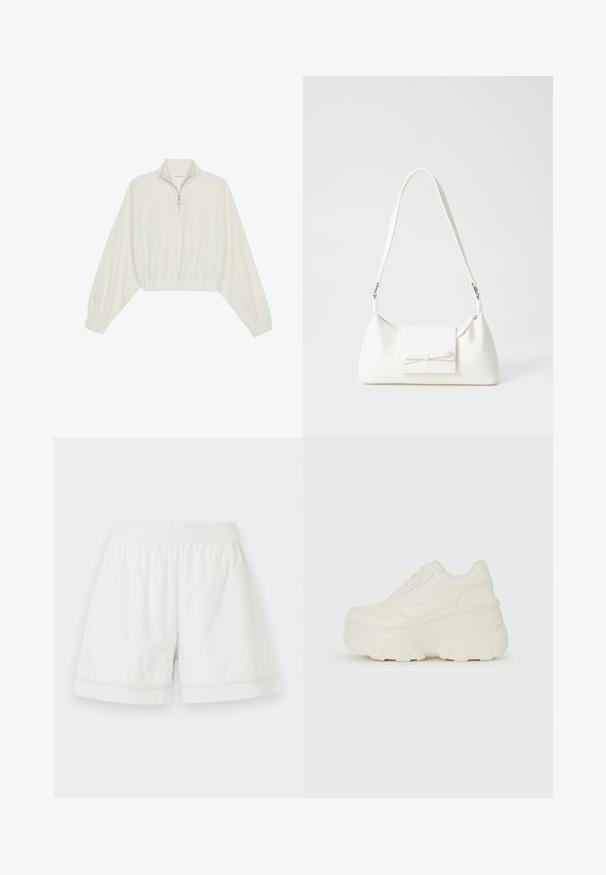 Pulover scurt din stofă crem, cu guler înalt, închidere cu fermoar pe jumătate, elastic la margini și la manșete, cu o textură netedă și un design minimalist.; Pantaloni scurți albaștri din in, cu talie elastica, croi lejer și dantelă decorativă la tiv. Textură netedă și design casual.; Adidași platformă albi, cu un superior neted asemănător cu pielea, formă rotunjită, guler căptușit și talpă din cauciuc texturată cu borduri bine definite.; Geantă sintetică albă, cu formă triangulară, capac frontal plat și detaliu cu fundă, curea ajustabilă, textură netedă și design minimalist.