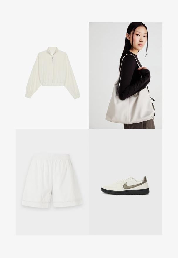 Geknipt pullover in crèmekleurige stof, met een hoge kraag, halve rits, elastische zoom en manchetten, met een soepele textuur en minimalistisch ontwerp.; Witte linnen shorts met een elastische tailleband, een ontspannen pasvorm en decoratieve kantafwerking aan de zoom. Glad textuur en casual ontwerp.; Nike Sportswear FIELD GENERAL - Sneakers laag - off-white/black; Beige handtas gemaakt van zacht materiaal, met een slonzig ontwerp, gestikte details en twee schouderbanden. Geschikt voor dagelijks gebruik.