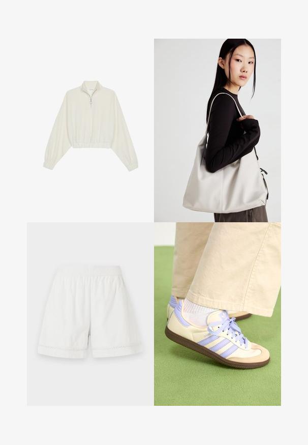 Kreminės spalvos trumpas megztinis, turintis aukštą apykaklę, pusiau užtrauktuką, elastinį apačią irRankovių kraštus, su lygiu paviršiumi ir minimalizuotu dizainu.; Balti lininiai šortai su elastine juosta, laisva prigludimu ir dekoratyvine nėrinių apdaila apačioje. Lygus tekstūra ir kasdieniškas dizainas.; Kreminės ir levandų spalvos sportbačiai su trims juostelėmis ir tekstūruota ruda padais, su raišteliais ir paminkštintu kulnu. Minkšta medžiaginė viršutinė dalis.; Bežinė rankinė, pagaminta iš minkštos medžiagos, turinti laisvą dizainą, siuvinėtas detalės ir dvi petnešos. Tinkama kasdieniam naudojimui.