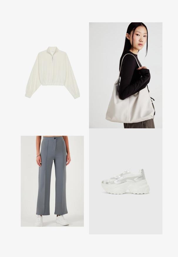Avkortad tröja i krämfärgad tyg, med hög krage, halvdragkedja, elastisk nederkant och ärmar, med en slät yta och minimalistisk design.; Grå vida byxor i texturerat tyg, med framknäppning och stuckna paneldetaljer, tillsammans med vita sneakers.; Silver sneakers med en texturerad mesh-överkonstruktion och iriserande accenter, med en kraftig vit sula och snörning.; Beige handväska tillverkad av mjukt material, med en avslappnad design, sydda detaljer och två axelremmar. Lämplig för dagligt bruk.