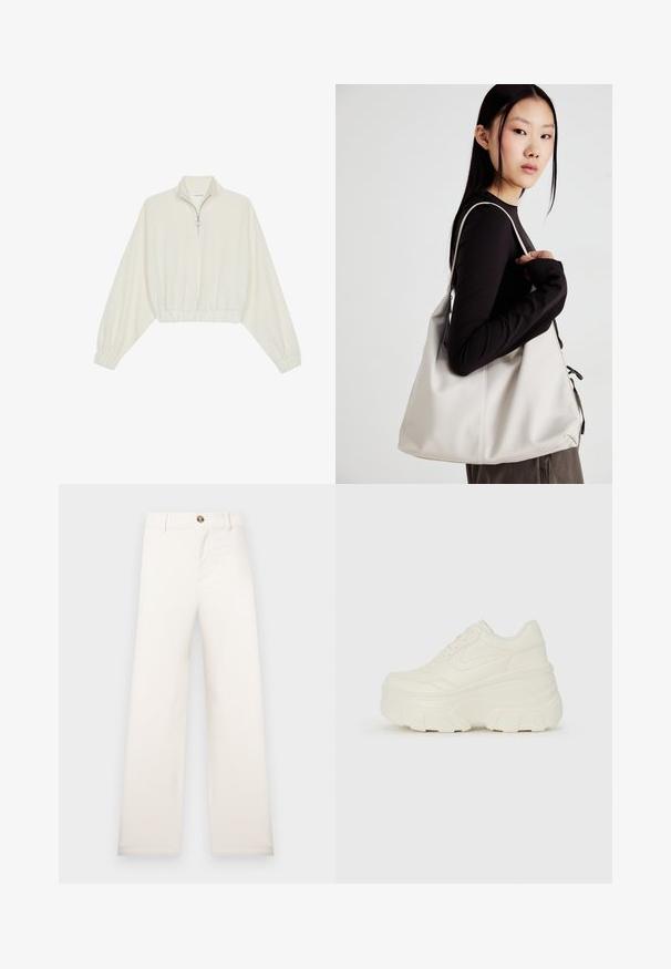 Kratka pulover v kremnem blagu, z visokim ovratnikom, pol-zadrgo, elastičnim robom in manšetami, z gladko teksturo in minimalističnim oblikovanjem.; Bež hlače širokih hlačnic iz teksturirane tkanine. Imajo sprednjo zapenjanje na gumbe in zanke za pas. Preprost, čist dizajn brez vzorcev.; Bele platformske tene z belim zgornjim delom, ki spominja na usnje, okroglo obliko, oblazinjen ovratnik ter gumo z teksturo na podplatu z izrazitimi profili.; Bežna torbica iz mehkega materiala, z ohlapno zasnovo, šivi in dvema naramnicama. Primerna za vsakodnevno uporabo.
