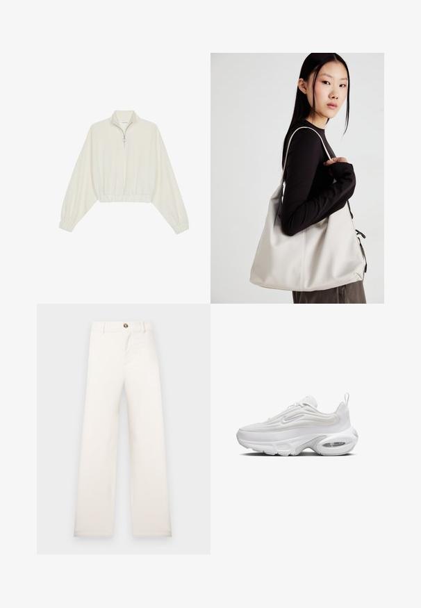 Kort striktrøje i cremefarvet stof med høj krave, halvlynlås, elastisk kant og manchetter, glat tekstur og minimalistisk design.; Beige bukser med vide ben lavet af tekstureret stof. Har frontknaplukning og bæltestropper. Enkel, ren design uden mønstre.; Hvide sneakers med et bølgende overdesign, tekstureret stof, polstret sål og synlig luftenhed. Har snørebånd foran og en trakknap.; Beige håndtaske lavet af blødt materiale med et slouchy design, stikninger og to skulderremme. Velegnet til daglig brug.