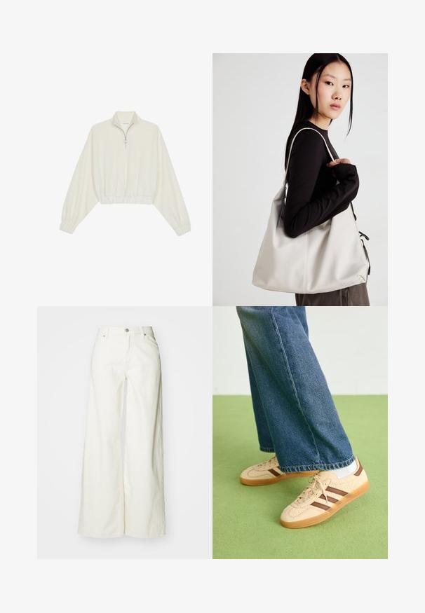 Kreptais pusītes džemperis krēmkrāsā, ar augstu apkakli, puszipa aizdari, elastīgu apakšmalu un aprocēm, ar gludu tekstūru un minimālistisku dizainu.; Platas kājas baltās džinsēs no denima. Tām ir augsta jostasvieta, priekšējā pogu aizdare un klasiskā piecu kabatu dizains. Gluda tekstūra, bez rakstiem.; Beidzīgi krēmbalti sporta apavi ar tekstūru un brūnā svītra, apvienoti ar zilu džinsu biksēm. Džinsus raksturo plata kāja un saplēsts apakšmalas dizains.; Bežs rokassoma, izgatavota no mīksta materiāla, ar brīvu dizainu, izšūtu apdari un divām plecu siksnām. Piemērota ikdienas lietošanai.