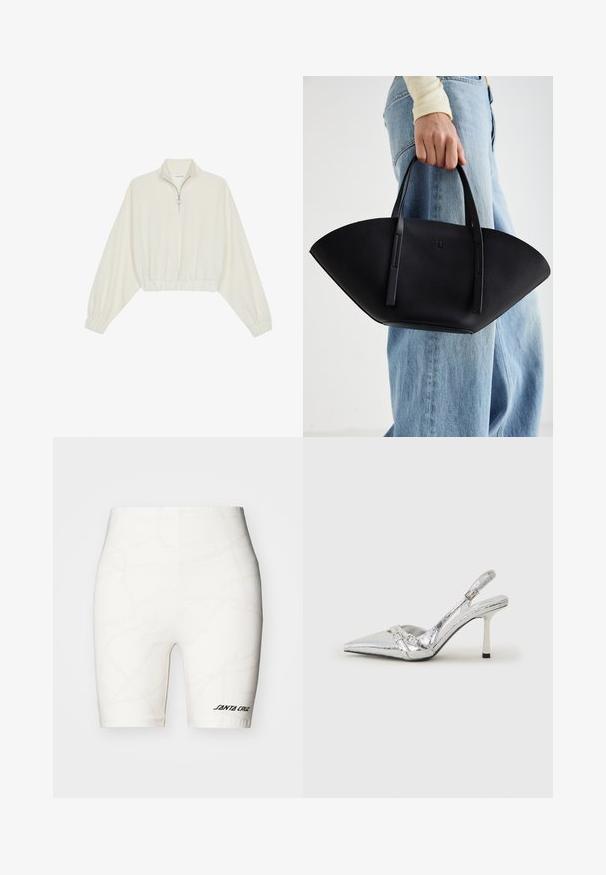 Kreminės spalvos trumpas megztinis, turintis aukštą apykaklę, pusiau užtrauktuką, elastinį apačią irRankovių kraštus, su lygiu paviršiumi ir minimalizuotu dizainu.; Baltos dviratininkų šortai su subtiliu vinimi panašiu raštu, elastinga juosta ir juodu "SANTA CRUZ" logotipu apatinėje kairėje pusėje.; Sidabriniai slingback aukštakulniai batai su smailia pavadinimu, metaliniu paviršiumi, dviem dekoratyvinėmis juostelėmis ir lieknu kulnu su juodu galiuku.; Juodas odinis rankinis uždangalas unikaliu ventiliatoriaus formos dizainu, turintis plokščias rankenas. Paviršius turi akmeninė tekstūrą ir minimalistišką dizainą.