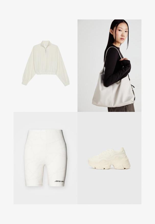 Kreptais pusītes džemperis krēmkrāsā, ar augstu apkakli, puszipa aizdari, elastīgu apakšmalu un aprocēm, ar gludu tekstūru un minimālistisku dizainu.; Baltas velosipēda īsās bikses ar ideālu asu stiegru rakstu, elastīgu jostu un melnu "SANTA CRUZ" logo apakšējā kreisajā pusē.; Masīvi balti sportisti, kas izgatavoti no strukturēta sieta un sintētiskajiem materiāliem, ar biezu zoli un sarežģītām rakstu detaļām gar sāniem.; Bežs rokassoma, izgatavota no mīksta materiāla, ar brīvu dizainu, izšūtu apdari un divām plecu siksnām. Piemērota ikdienas lietošanai.