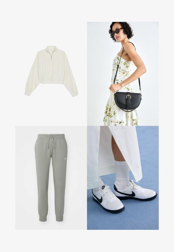 Kreptais pusītes džemperis krēmkrāsā, ar augstu apkakli, puszipa aizdari, elastīgu apakšmalu un aprocēm, ar gludu tekstūru un minimālistisku dizainu.; Nike Sportswear PANT - Treniņtērpa apakšdaļas - light army/sail; Baltas Nike apavi ar melniem akcentiem, kas izgatavoti no gludas ādas, baltām auklām un izturīgiem gumijas zoleiem, savienoti ar baltām ribotām zeķēm.; Melnas ādas rokassoma ar izliekta formu, noņemamu siksnu un zelta aksesuāriem. Somai ir vāciņš ar sprādzes detaļu.