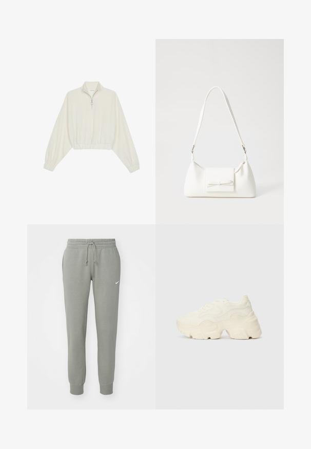 Avkortad tröja i krämfärgad tyg, med hög krage, halvdragkedja, elastisk nederkant och ärmar, med en slät yta och minimalistisk design.; Nike Sportswear PANT - Träningsbyxor - light army/sail; Tjocka vita sneakers gjorda av texturerat mesh och syntetiska material, med en tjock sula och intrikata mönsterdetaljer längs sidorna.; Vit syntetisk handväska med triangulär form, platt framklaff och rosettdetalj, justerbar rem, slät textur och minimalistisk design.