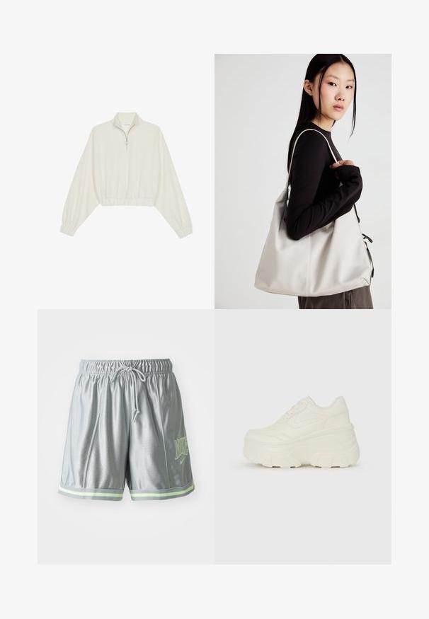 Kort genser i kremfarget stoff, med høy krage, halv glidelås, elastisk nederste kant og mansjetter, med en glatt tekstur og minimalistisk design.; Grå treningsshorts laget av lett stoff. Har en elastisk midje med snøring, grønne aksentstriper og logo-detalj.; Hvite plattformsnickers med en glatt læraktig overdel, avrundet form, polstret krage og teksturert gummisåle med tydelige dekk.; Beige håndveske laget av mykt materiale, med en slapp design, sydd detaljer og to skulderstropper. Passer for daglig bruk.