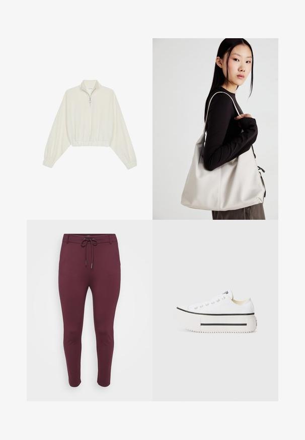 Zkrácený svetr z krémové látky, který má vysoký límec, poloviční zip, elastický spodní lem a manžety, hladkou texturu a minimalistický design.; Burgundy elastické kalhoty s šňůrkovým pasem, mají přiléhavý střih a zúžené nohavice, vystavené na bílém pozadí.; Bílé plátěné platformové tenisky s černou gumovou podrážkou, kulatou špičkou a kovovými očka, s jednoduchým a čistým designem.; Beige kabelka vyrobená z měkkého materiálu, s volným designem, prošívanými detaily a dvěma ramenními popruhy. Vhodná pro každodenní použití.