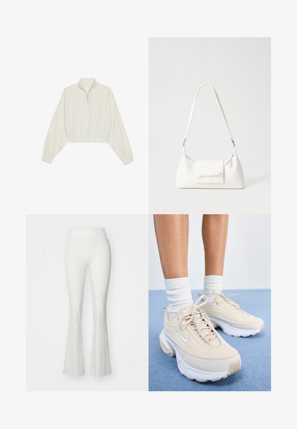 Pullover court en tissu crème, avec un col haut, fermeture éclair à mi-hauteur, ourlet et poignets élastiqués, offrant une texture lisse et un design minimaliste.; Pantalons blancs évasés avec une taille haute, fabriqués dans un matériau lisse et extensible. Présentent une silhouette ajustée qui s'évasent au niveau du bas des jambes.; Baskets de sport beiges avec une tige texturée, des lacets blancs et une épaisse semelle blanche. Le design présente des courbes subtiles et un petit logo.; Sac à main synthétique blanc en forme triangulaire, avec un rabat avant plat et un détail en nœud, une bandoulière ajustable, une texture lisse et un design minimaliste.
