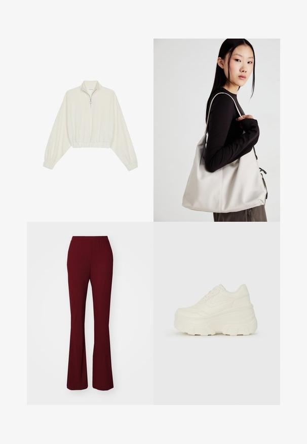 Krém színű, rövidített pulóver, magas gallérral, félig cipzáros záródással, elasztikus derék- és ujjakrésszel, sima textúrával és minimalista dizájnnal.; Burgundi színű, bordázott, trapéz fazonú nadrág rugalmas derékrésszel. Simább felülete és szabott fazonja van, amely a trapéz szegélyig terjed.; Fehér platform sportcipők, sima bőrszerű felsőrésszel, kerek formával, párnázott bokával és texturált gumitalppal, jól definiált mintázattal.; Puha anyagból készült bézs kézitáska, laza dizájnnal, varrott részletekkel és két vállpánttal. Mindennapi használatra alkalmas.