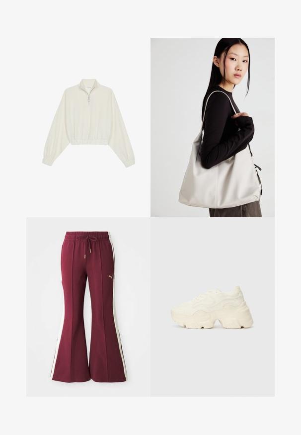 Kratka pulover v kremnem blagu, z visokim ovratnikom, pol-zadrgo, elastičnim robom in manšetami, z gladko teksturo in minimalističnim oblikovanjem.; Burgundski zvonasti hlače s bočnimi bijelim prugama, struk s vezicom i zlatnim logotipom. Mekana tkanina s teksturiranim završetkom i suženim nogavicama.; Debele bele športne copate, izdelane iz teksturirane mrežaste in sintetične materialov, z debelim podplatom in zapletenimi vzorčičnimi detajli ob straneh.; Bežna torbica iz mehkega materiala, z ohlapno zasnovo, šivi in dvema naramnicama. Primerna za vsakodnevno uporabo.